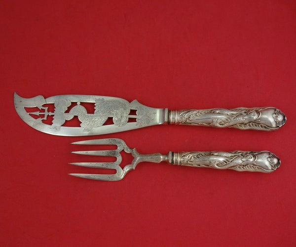 English Victorian Silverplate Fish Serving Set 2pc HH with Dolphin Fish Pierced