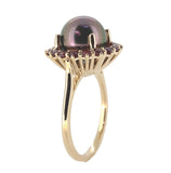 14k White Gold 9.5mm Black Tahitian Pearl and Raspberry Sapphire Ring (#J7019)