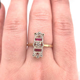 Filigree 18K Gold Ring with Diamonds and Synthetic Lab-Created Rubies (#J6034)