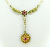 14k Gold Victorian Lavaliere Necklace Red Paste/Glass Stones Seed Pearls #J4514