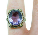 Deco 14k White Gold Filigree Genuine Natural Amethyst Ring Flowers (#J4728)