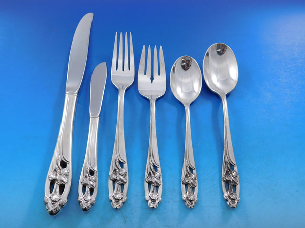 Silver Iris by International Sterling Silver Flatware Set for 12 Service 82 pcs
