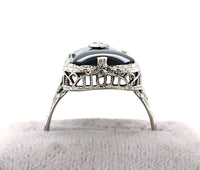14k White Gold Custom Cut Genuine Natural Black Onyx Filigree Ring (#J5822)