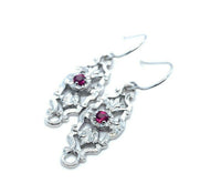 14k White Gold Genuine Natural Ruby Filigree Leaf Dangle Earrings (#J5277)