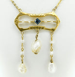 Art Nouveau 10k Yellow Gold Pearl Festoon Necklace w/Lab-Created Sapphire #J4381