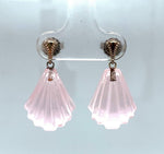 14k White Gold Genuine Natural Rose Quartz Carved Fan Drop Earrings (#J5699)