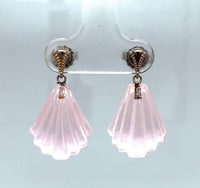14k White Gold Genuine Natural Rose Quartz Carved Fan Drop Earrings (#J5699)