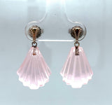 14k White Gold Genuine Natural Rose Quartz Carved Fan Drop Earrings (#J5699)