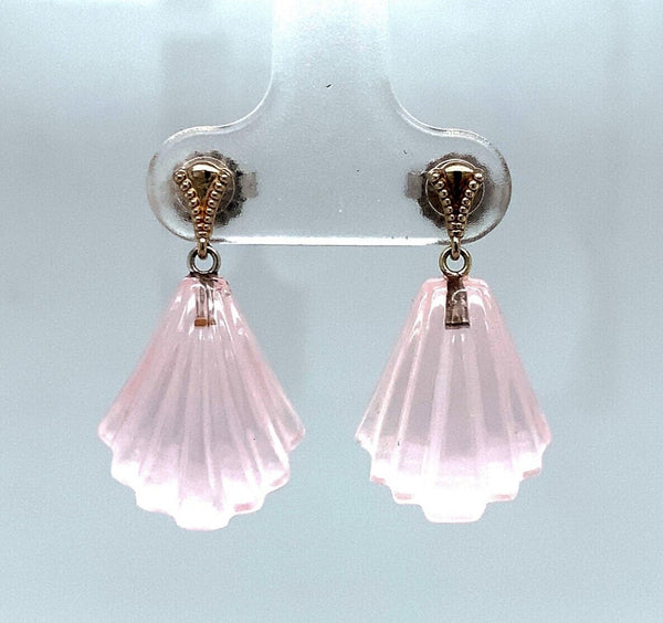 14k White Gold Genuine Natural Rose Quartz Carved Fan Drop Earrings (#J5699)