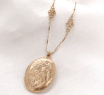 14k Yellow Gold Oval Locket w/Engraved Design on Fancy Cast Link Chain (#J7182)