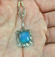 10k White Gold Art Deco Filigree 2.91 Carat Black Opal Pendant (#J5321)