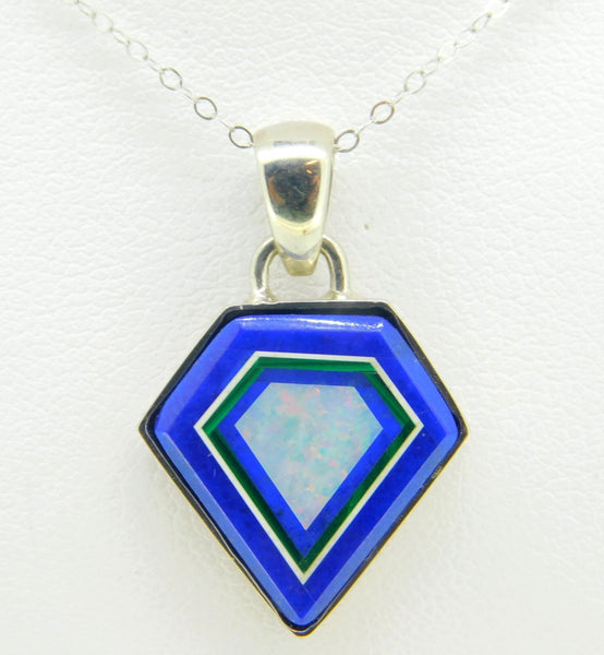 14k White Gold Genuine Natural Opal and Lapis Intarsia Pendant (#J4208)