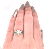 18k White Gold Diamond Filigree Ring w/ Synthetic Lab-Created Emeralds (#J5713)