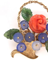 14k Gold Carved Coral and Chalcedony Flower and Jade Leaf Basket Pin (#J6237)