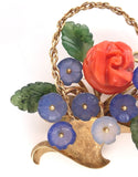 14k Gold Carved Coral and Chalcedony Flower and Jade Leaf Basket Pin (#J6237)