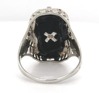 14k White Gold Floral Filigree Genuine Natural Black Onyx Diamond Ring (#J6599)