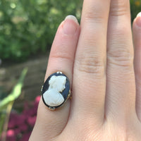 18k White Gold Art Deco Filigree Genuine Natural Stone Cameo Ring (#J6214)