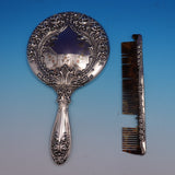 Alvin Sterling Silver Mirror and Comb Set 2pc with Mixed Metal #2500 (#0999)