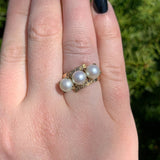 14k Yellow Gold Ring w/ Cultured Pearls and Engraved Flowers Size 6.75 (#J6615)