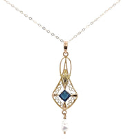 10k Yellow Gold Lavaliere with Pearl Drop and Blue Glass Accent w/Chain (#J7192)