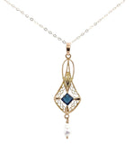10k Yellow Gold Lavaliere with Pearl Drop and Blue Glass Accent w/Chain (#J7192)