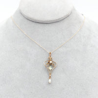 10k Gold Diamond Lavaliere Pendant w/Enamel Leaves Pearl Drop 14k Chain (#J6972)