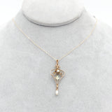 10k Gold Diamond Lavaliere Pendant w/Enamel Leaves Pearl Drop 14k Chain (#J6972)