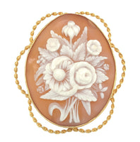 10k Gold Genuine Natural Shell Cameo Brooch Pin of a Bouquet of Flowers (#J6692)