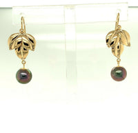 14k Yellow Gold 9mm Tahitian Pearl Leaf Earrings (#J5297)