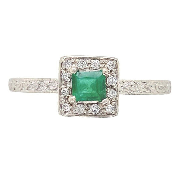 10k White Gold Genuine Natural Emerald Ring with Diamond Halo Size 6.5 (#J6808)