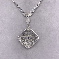 18k White Gold Genuine Natural Sapphire and Diamond Deco Style Necklace (#J4854)