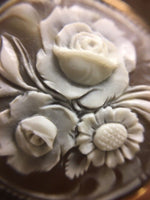 14k Yellow Gold Floral Genuine Natural Shell Cameo Pin Pendant (#J643)