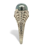 14k White Gold Filigree Deco Style 7.5mm Tahitian Black Pearl Ring 4.25 (#J7564)