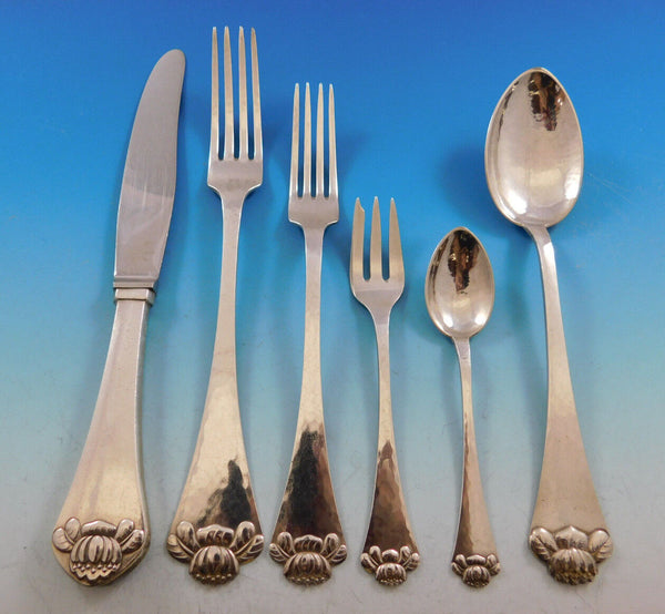 Waterlily Aakande by Hans Hansen Danish Silver Flatware Set Service 48 Pcs