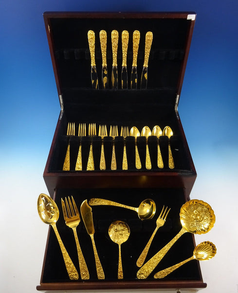 Repousse by Kirk Sterling Silver Flatware Set For 6 Service 32 pcs Vermeil Gold