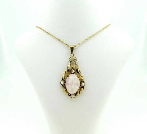 14k Yellow Gold Angel Skin Coral / Shell Cameo Lavaliere (#J4412)
