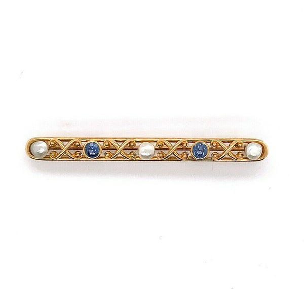 14k Yellow Gold Montana Sapphire and Pearl Bar Pin (#J5471)