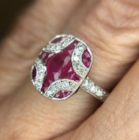 18k Gold Deco Style Specialty Cut Genuine Natural Ruby Ring w/ Diamonds (#J2355)