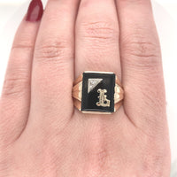 10k Yellow Gold Genuine Natural Onyx and Diamond Men's Ring Initial "L" (#J6129)