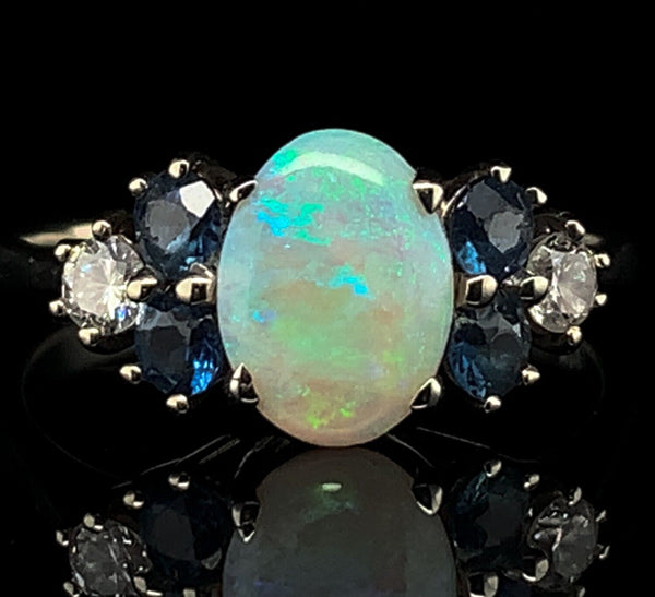 14k White Gold Genuine Natural Opal Ring with Diamonds and Sapphires (#J5948)