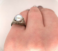 18k White Gold Art Deco 8mm Pearl Filigree Ring (#J5450)