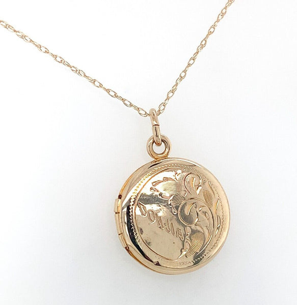 10k Yellow Gold Small Round Engraved Locket with 14k Chain Jewelry (#J6525)