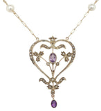 9k Lavaliere Pendant Necklace w/Amethyst and Seed Pearls with 14k Chain (#J7543)