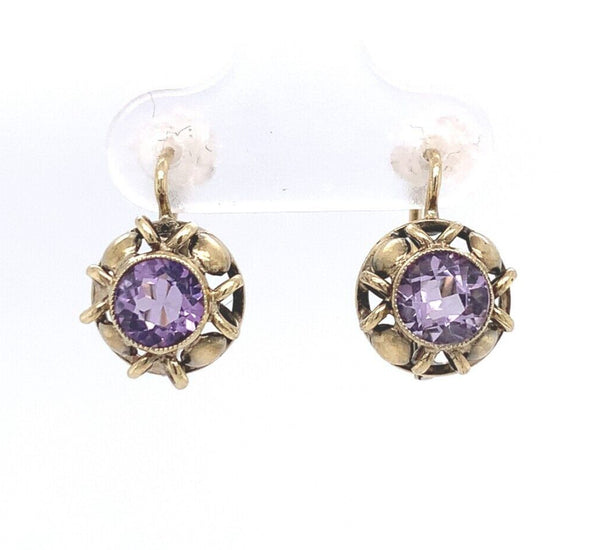 8k Yellow Gold .333ct Small Genuine Natural Amethyst Drop Earrings (#J6266)