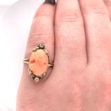 Genuine Natural Coral Cameo 10k Yellow Gold Ring with Diamond Accents (#J5977)
