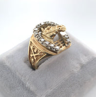 14k Yellow Gold Men's Genuine Natural Diamond Ring Horse and Horseshoe (#J6218)