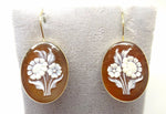 14k Gold Oval Genuine Natural Cameo Wire Hook Earrings Floral Bouquet (#J3636)