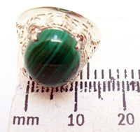 14k White Gold Oval Genuine Natural Malachite Filigree Ring (#J2900)