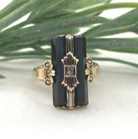 10k Yellow Gold Faceted Genuine Natural Black Onyx Ring with Diamond (#J7242)