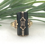 10k Yellow Gold Faceted Genuine Natural Black Onyx Ring with Diamond (#J7242)